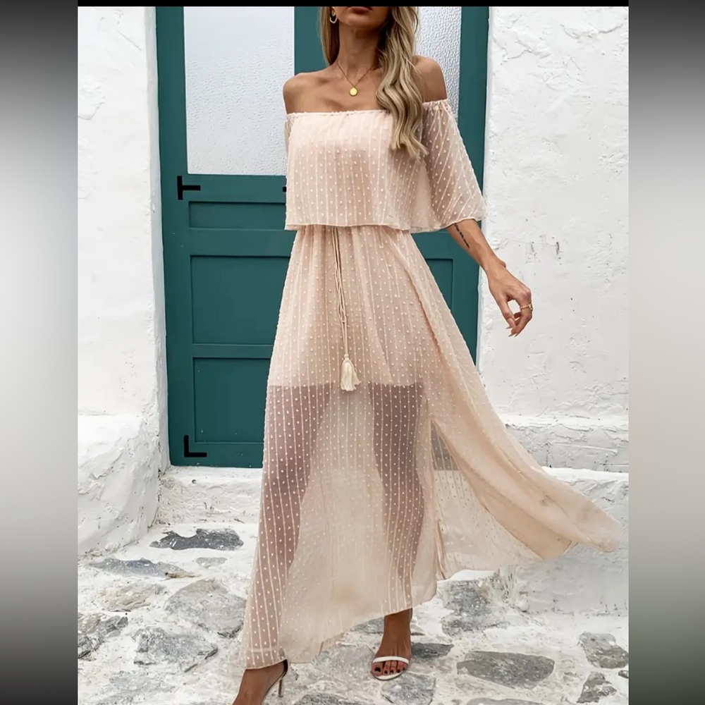 Cream Ruffled Off-Shoulder Maxi Sundress - Picture 6 of 11